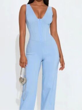 Fashion Nova Light Blue Deep V Front-Zip Wide Leg Jumpsuit